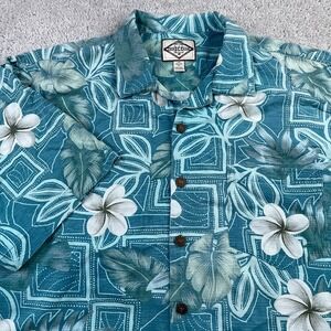 Three Palm Shirt Mens Large Blue Silk Hawaiian Floral Aloha Resort Loop Collar‎